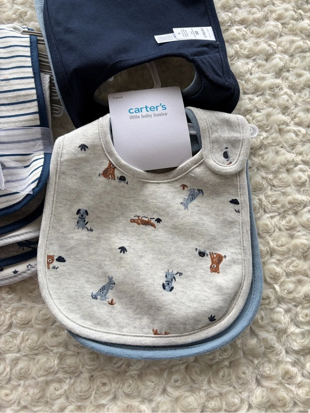 New 8 Piece Baby Boy Bib Set Animals Cars and Stars Navy Blue White and Gray